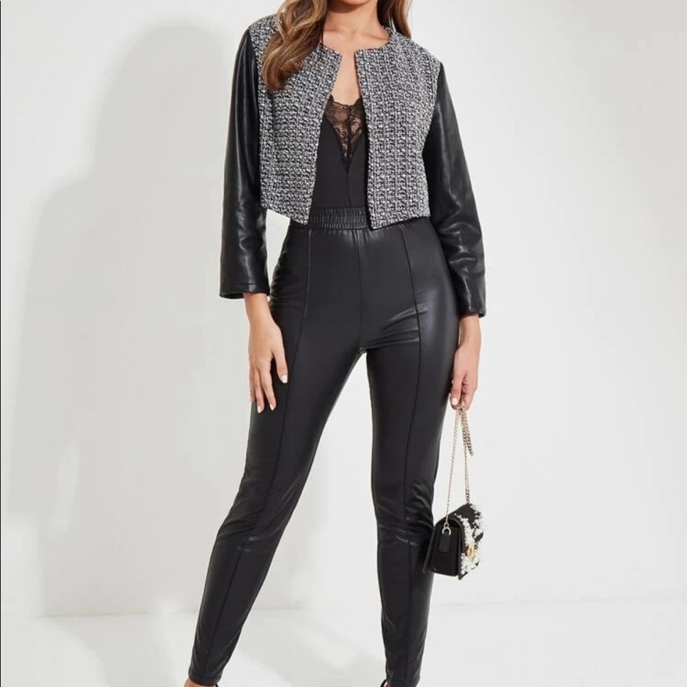 Tweed plaid and colorblock jacket